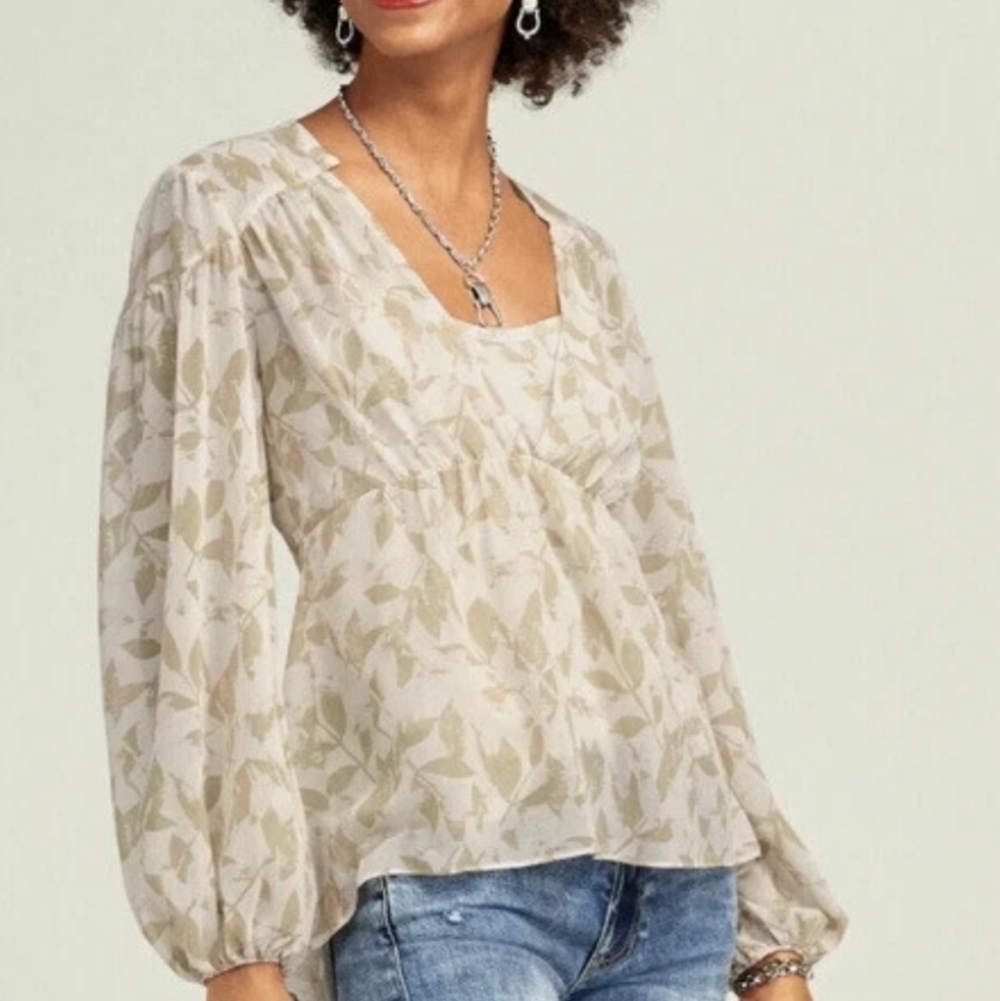 Cabi Couplet Beige & White Floral Puff Sleeve Blouse Top Size XS Small